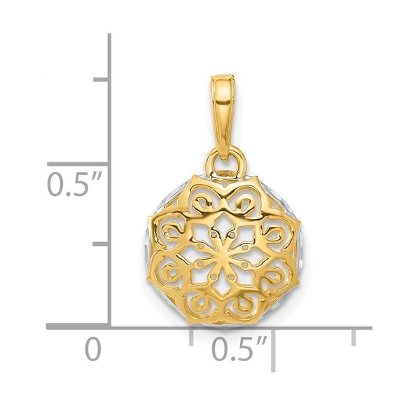 14K Gold and White Rhodium Floral Design Circle Pendant - Picture 2 of 4